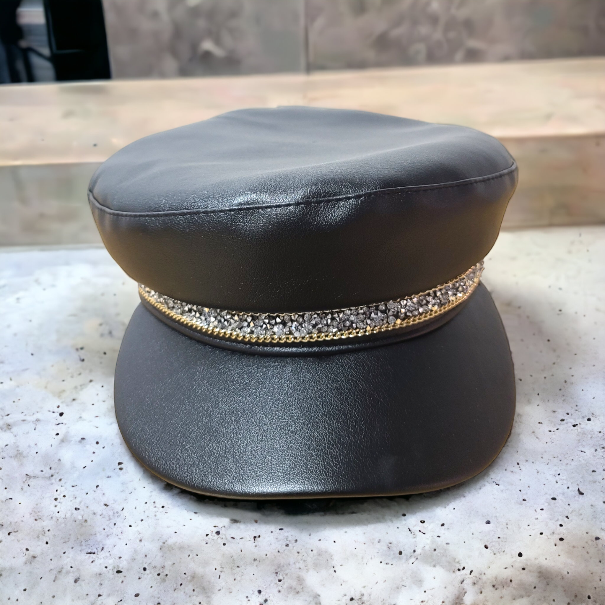 Boss Lady Genuine Leather Flat Top Blingy Military Hat  display picture 1